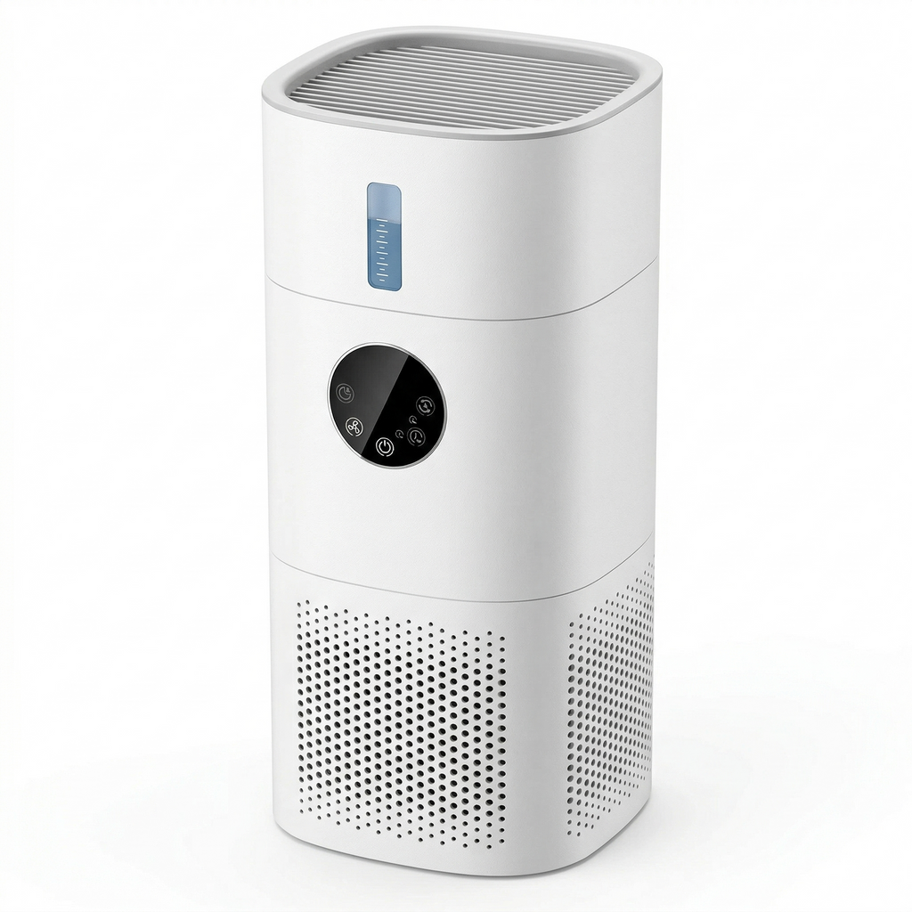 AirPur Pro purificateur air vue trois-quarts écran tactile LED bleu — Purificateur d air HEPA H13 AirPurMaison France